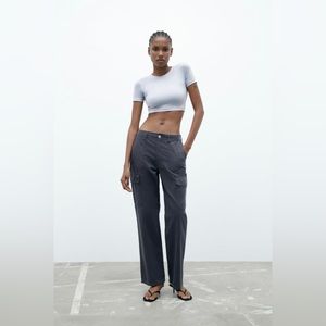 Zara TRF High Rise Straight Cargo Pants Ink Blue (Navy Blue/Gray) -NWT - Size 6